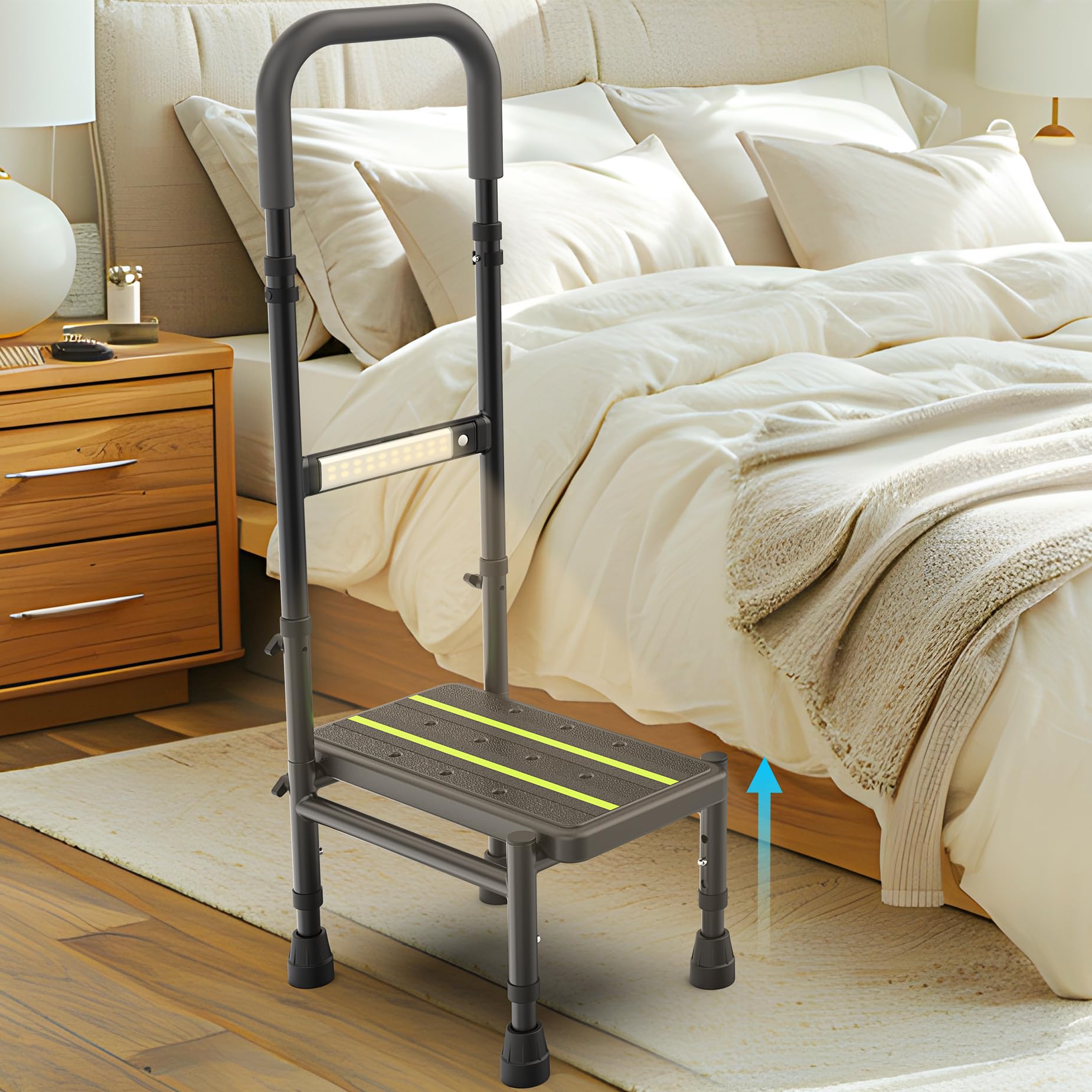 Photo 1 of Packve Step Stool with Handle for Elderly Adults, Adjustable Handrail & Leg, Sensor Light, Medical Stepping Stools for High Bed Mobility & Daily Living Aids, Bedside Car Stair Lift for Senior 350lbs