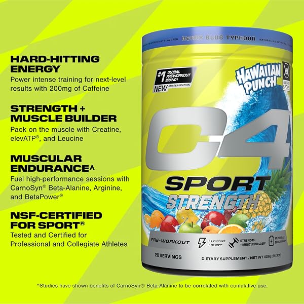 CELLUCOR C4 SPORT STRENGTH PRE WORKOUT POWDER – NSF CERTIFIED FOR SPORT – BETA-ALANINE, CREATINE, 200MG CAFFEINE – SUGAR FREE ENERGY SUPPLEMENT FOR MEN & WOMEN – HAWAIIAN PUNCH BERRY BLUE, 20 SERVINGS