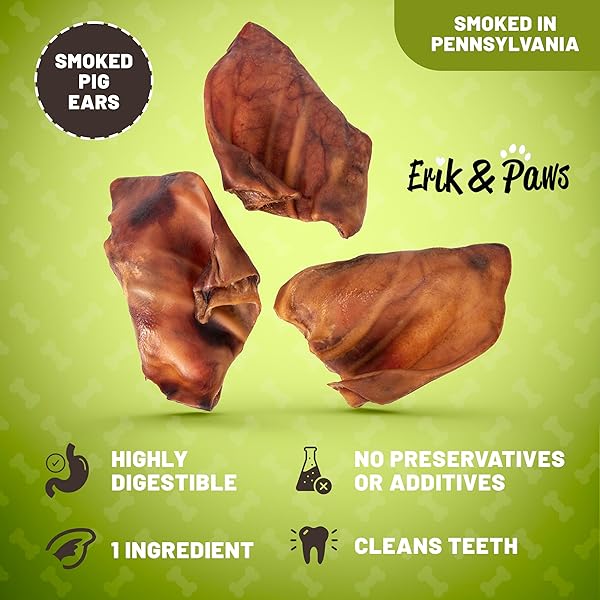 ERIK & PAWS SMOKED PIG EARS FOR DOGS – PREMIUM ALL-NATURAL, UNBLEACHED 100% DOG PIG EARS, NO ADDITIVES OR HORMONES, SMOKED IN THE USA, SAFE RAWHIDE ALTERNATIVE, GENTLE ON TUMMIES – 18 COUNT