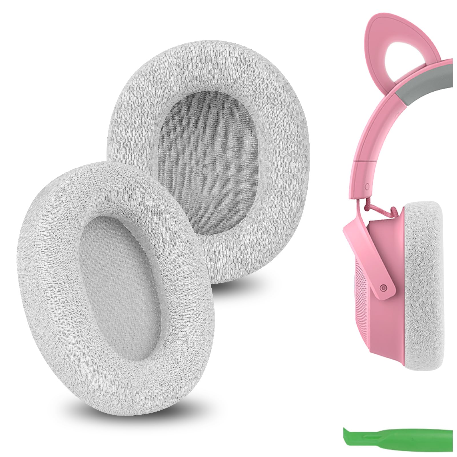 Geekria Comfort Mesh Fabric Replacement Ear Pads for Razer Kraken V4/ V4 X/ V4Pro/ Kitty V2 Pro, Barracuda/Barracuda X Headphones Ear Cushions, Repair Parts with Video Guide (Grey White)
