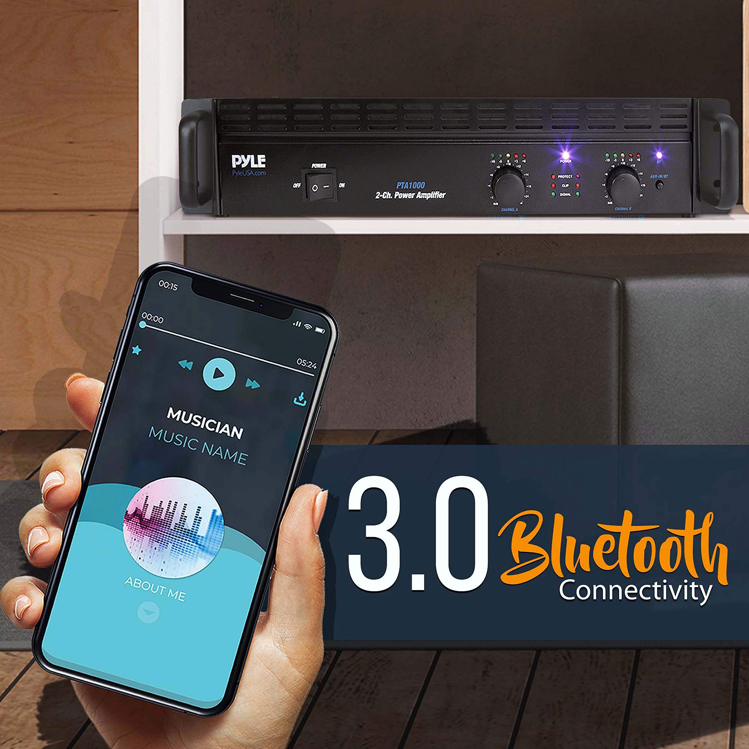 Pyle Professional Audio Bluetooth Power Amplifier - 2-Channel Rack Mount Bridgeable, LED Indicators, Shockproof Binding Posts, Cooling Fans 1000 Watt - PTA1000