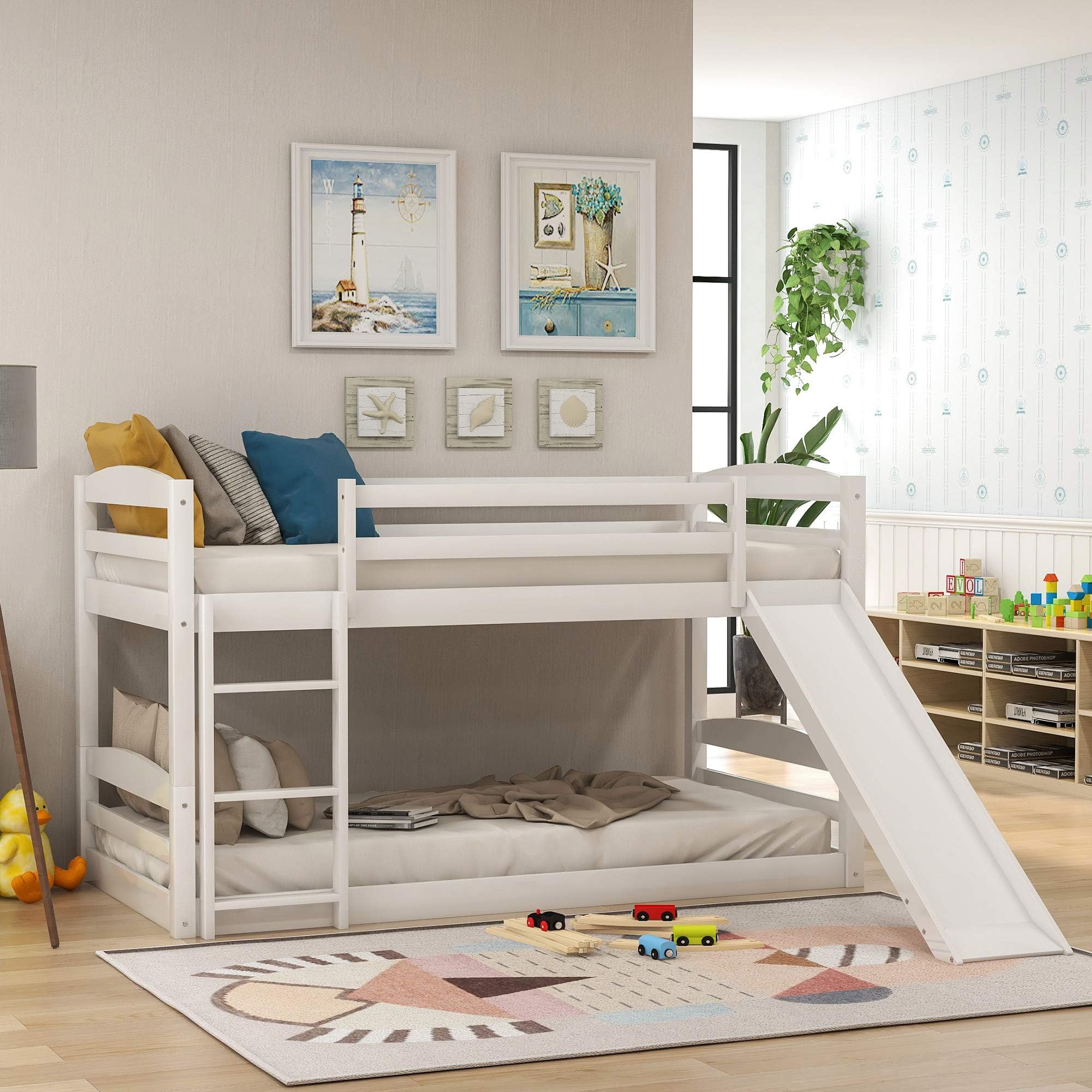 Twin Over Twin Low Bunk Bed with Slide & Ladder (White)