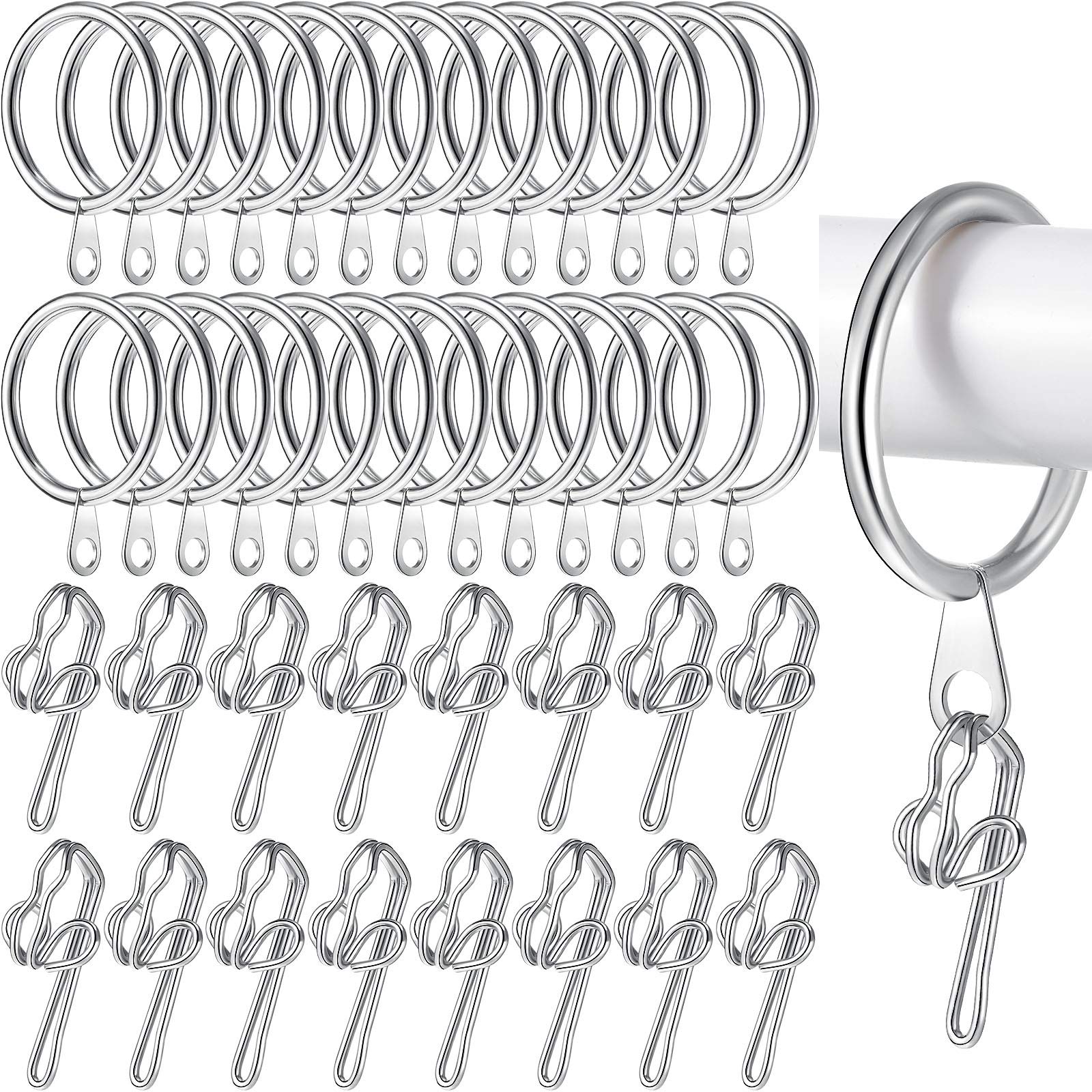 50 Pieces Metal Curtain Hooks and 50 Pieces Curtain Pole Rings for Hanging Curtains and Shower Drapery Rods (Silver)