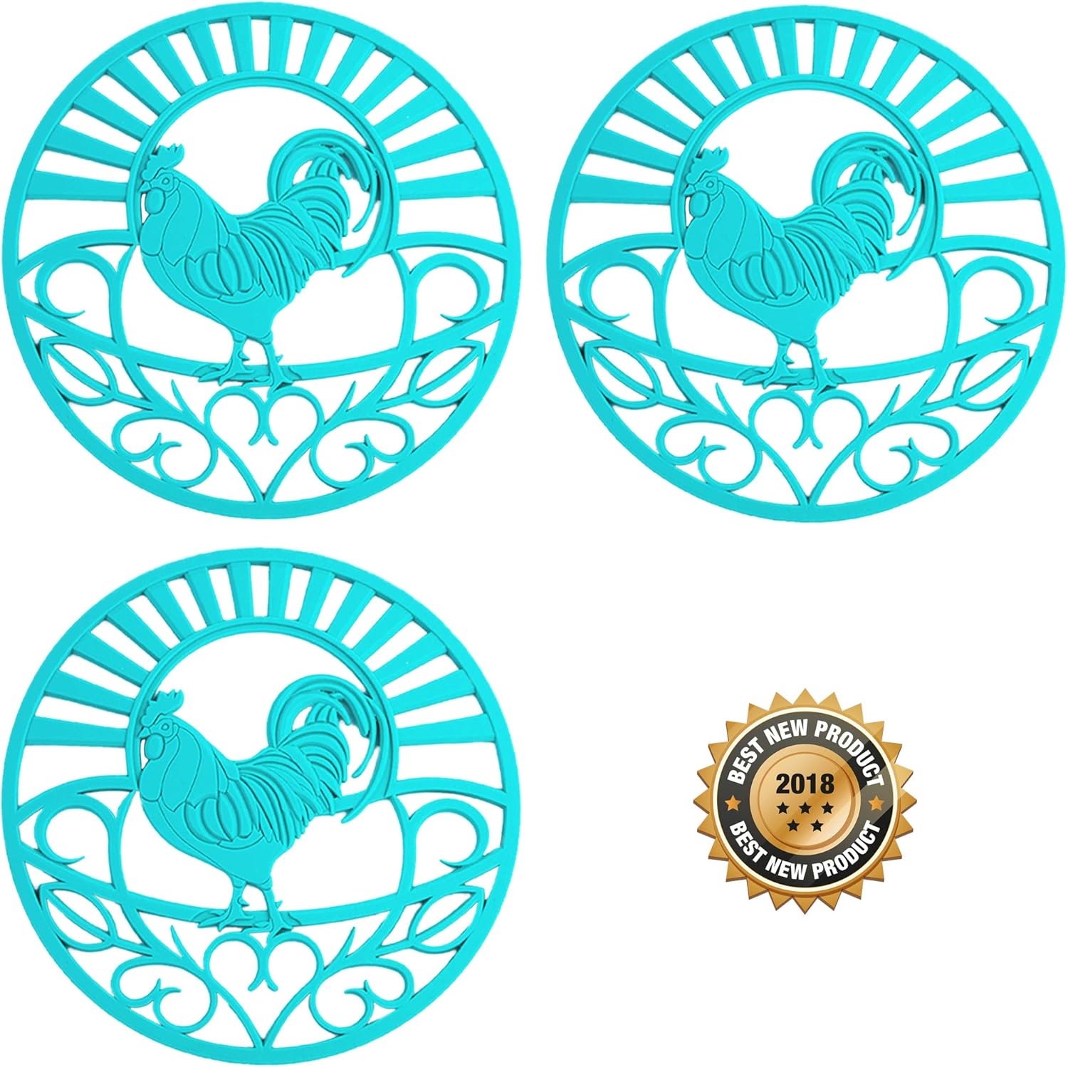 Silicone Trivet Set For Hot Dishes, Pots & Pans. These Kitchen Hot Pads"Country Rooster" Design (Symbol of Prosperity & Good Luck) Mimics Cast Iron Trivets (7.5 inch Round, Set of 3, Teal)