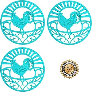 Silicone Trivet Set For Hot Dishes, Pots & Pans. These Kitchen Hot Pads"Country Rooster" Design (Symbol of Prosperity & Good Luck) Mimics Cast Iron Trivets (7.5 inch Round, Set of 3, Teal)