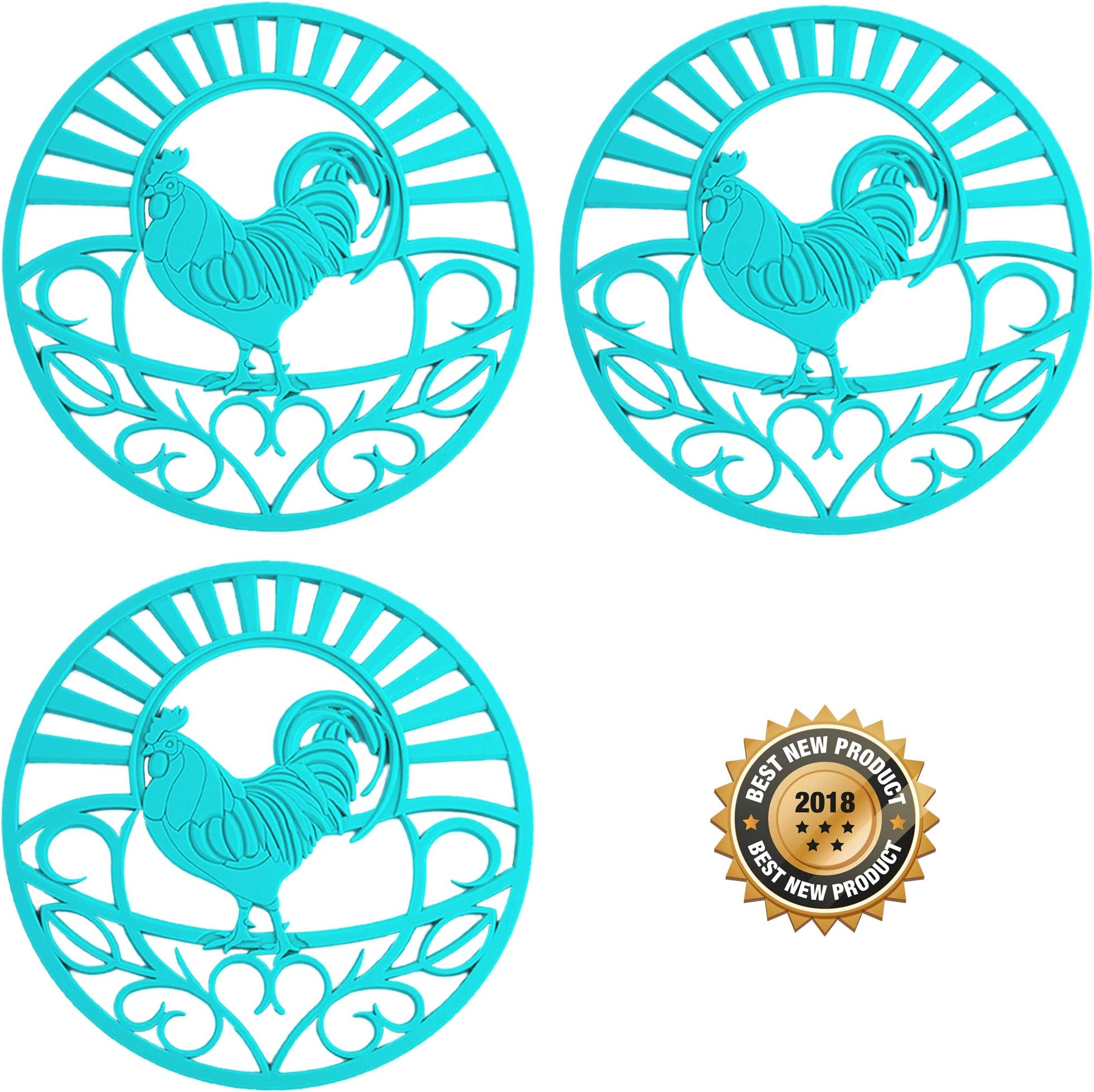 Silicone Trivet for Hot Dishes, Pots & Pans - Decorative Non Slip Mat 'Country Rooster' Design - Protective Pads for Kitchen Counter Love This Kitchen (7.5 inch Round, Set of 3, Teal)