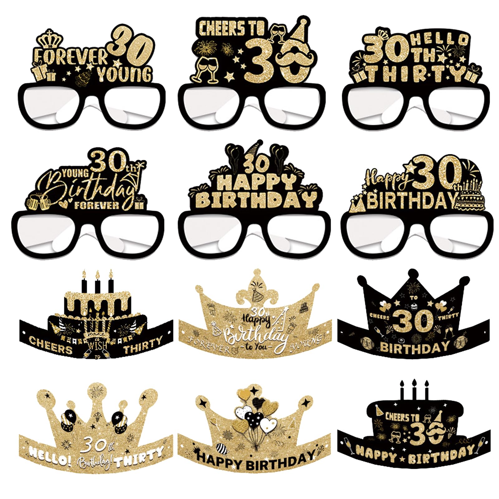 Photo 1 of 12 Pieces Birthday Decorations Set,30th Stylish Birthday Paper Eyeglasses 30th Birthday Sunglasses Celebratory Birthday Hats Photo Booth Props Supplies Ideal Him Her Girls Women Party Favors Decors