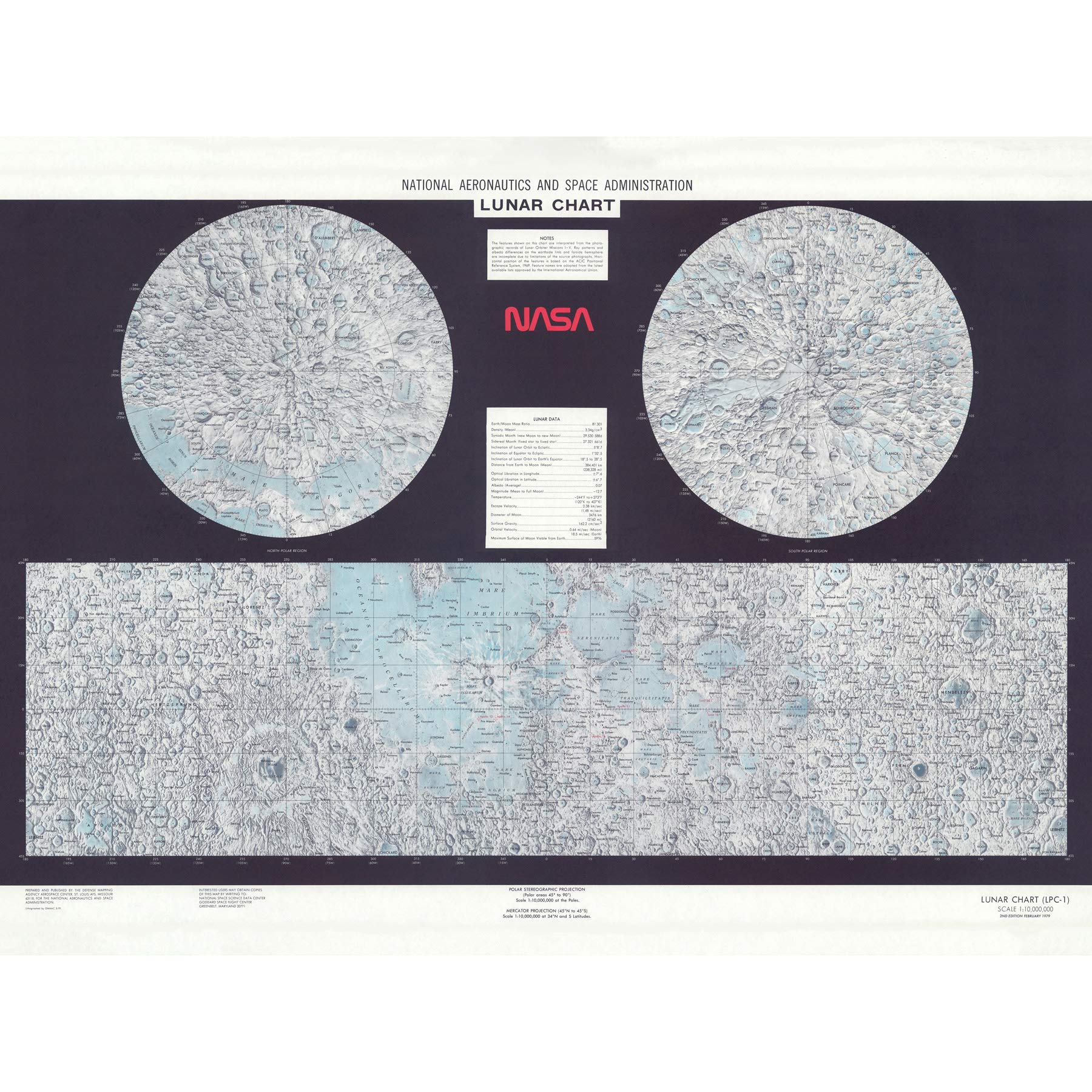 Artery8 Space NASA 1979 Lunar Chart Moon Map Data Diagram Large Wall Art Poster Print Thick Paper 18X24 Inch