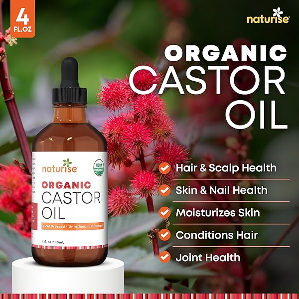 NATURISE USDA ORGANIC CASTOR OIL FOR HAIR GROWTH – PURE CASTOR OIL ORGANIC COLD PRESSED & UNREFINED IN GLASS BOTTLE – VEGAN, NON-GMO OILS FOR EYELASH, EYEBROW, HAIR, SKIN & FACE SUPPORT (4 FL OZ)