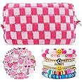 58 Pcs Checkered Makeup Bag Set Preppy Aesthetic Cosmetic Bag Travel Makeup Pouch Toiletry Bag 7 Pcs Heishi Surfer Bracelets with 50 Pcs Pink Preppy Stickers for Women Girls Teens Gift (Pink)