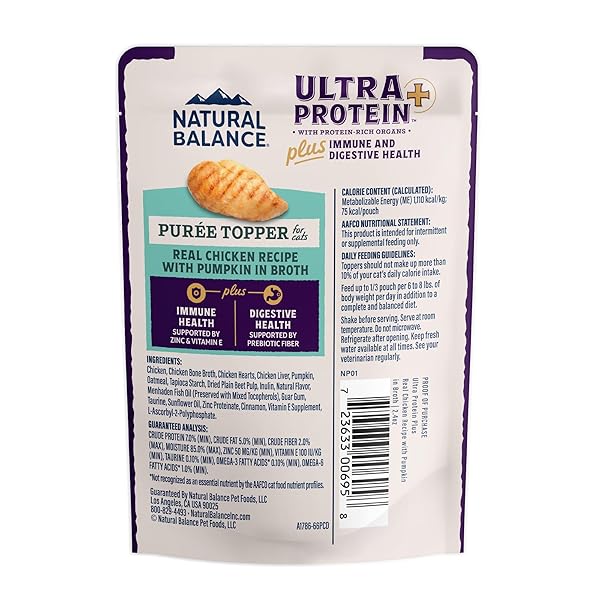 NATURAL BALANCE ULTRA PROTEIN PLUS WET CAT FOOD, IMMUNE & DIGESTIVE HEALTH REAL CHICKEN WITH PUMPKIN PUREE TOPPER WITH CHICKEN LIVER & CHICKEN HEART, HIGH PROTEIN CAT FOOD – 2.4 OZ.