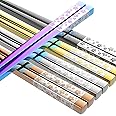 Metal Chopsticks Reusable 5 Pairs Japanese Style Chopstick Multicolor Stainless Steel Chopsticks Dishwasher Safe Square Light