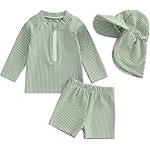 Nibbcoa Toddler Baby Boys Seersucker Long Sleeve Swimsuit Trunks Bathing Suit Swimwear with Hat 3Pcs Rash Guard Set