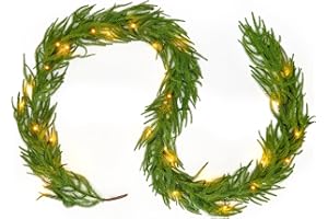 NOICLUB 9FT Real Touch Norfolk Pine Christmas Garland with Light Winter Artificial Faux Greenery Garland Table Mantle Stairs Fireplace Wall Decor Outdoor Indoor Porch Home Decorations (Battery Not Included)