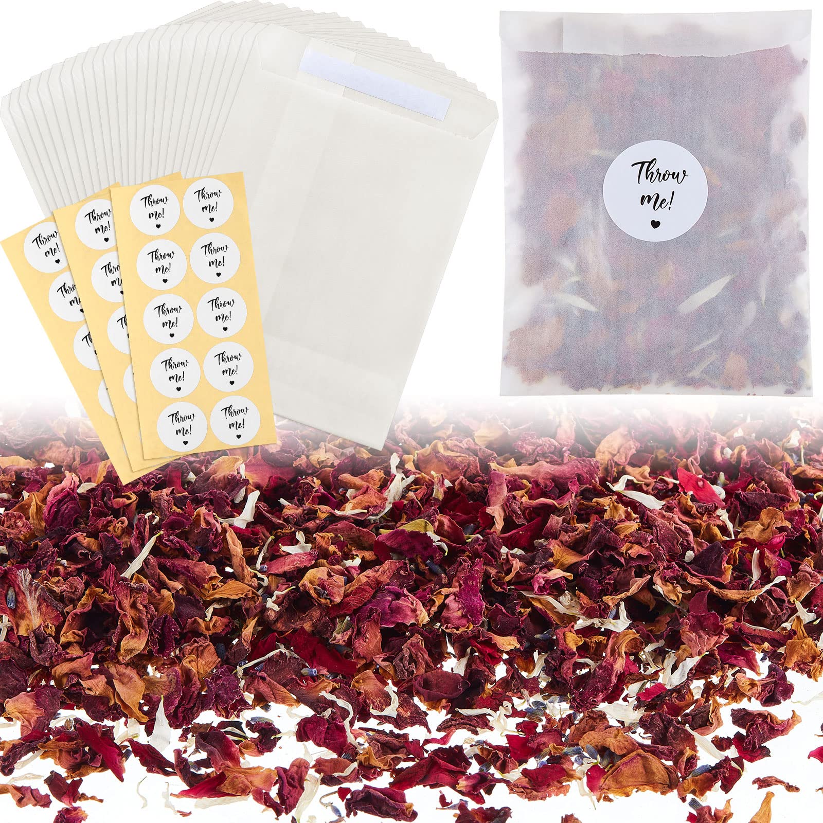 Tenare 50 Sets 3.5 x 4.7 Inch Wedding Confetti Bags Kit Includes Biodegradable Natural Dried Flower Confetti Dried Rose Petals Glassine Paper Bags Stickers for Wedding Anniversary(Classic)