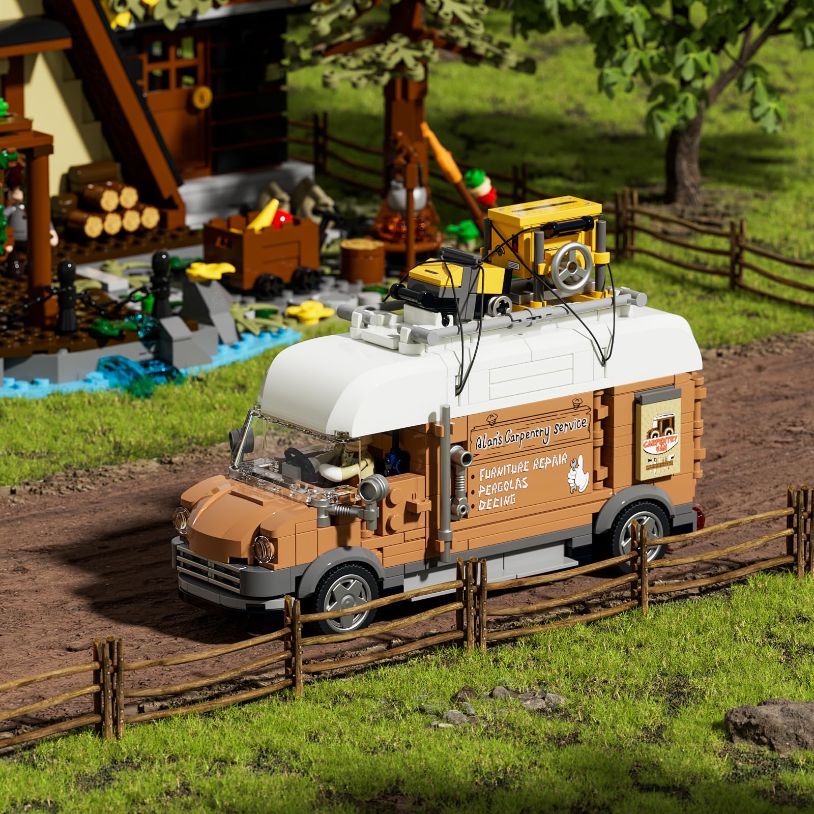 FUNWHOLE Schreinerwagen Beleuchtung Baukasten - Bauernholzarbeiter Technik Auto Sammlerstück Display Set 496 Teile für Erwachsene und Teenager 7