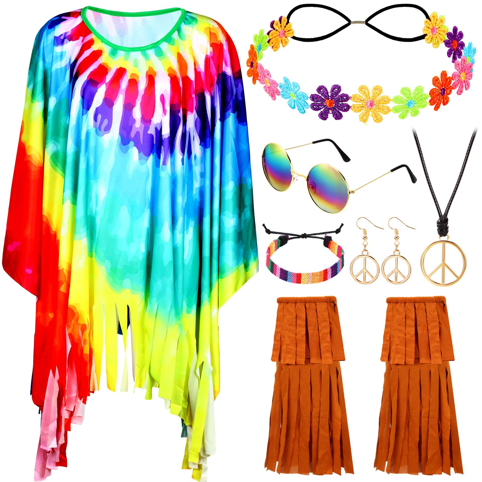 Photo 1 of Hicarer 7 Pcs 60s 70s Hippie Costume Accessories Set Women Tie Dye Poncho Tassel Fringe Boot Covers Headband Bracelet Sunglasses Peace Sign Earring Necklace Outfits for Halloween (Hicarer-CKJO013)