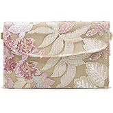 QTKJ Envelope Package, Clutch Purses for Women, Sequin Embroidered Flowers Straw Bag, Bohemian Handmade Handbags, Beach Bag for Vacation, Travel, Banquet