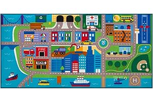 Wildkin Kids Educational Play Rug for Boys and Girls, Features Skid-Proof Backing and Serged Borders, Play Rugs Measures 80 x 39 Inches with Durable Nylon Material, Olive Kids (Cityscape)