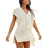 CUPSHE Women Crochet Beach Cover Ups Summer V Neck Casual Mini Coverup Dress Short Sleeve Split Hem Bathing Suit Cover Up