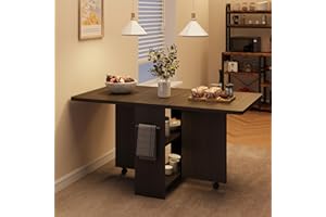 IDEALHOUSE Space Saving Folding Dining Table with 2 Tier Storage-Extendable Drop Leaf Farmhouse Wood Kitchen Dining Room Tables Set for 4, Collapsible Expandable Rectangle Dinner Kitchen Office Furniture