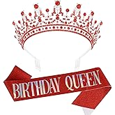 SuPoo Birthday Crown & Sash - Glitter Red Birthday Queen Crown with Comb & Tiara for Women - Crystal Headband Princess Decorations