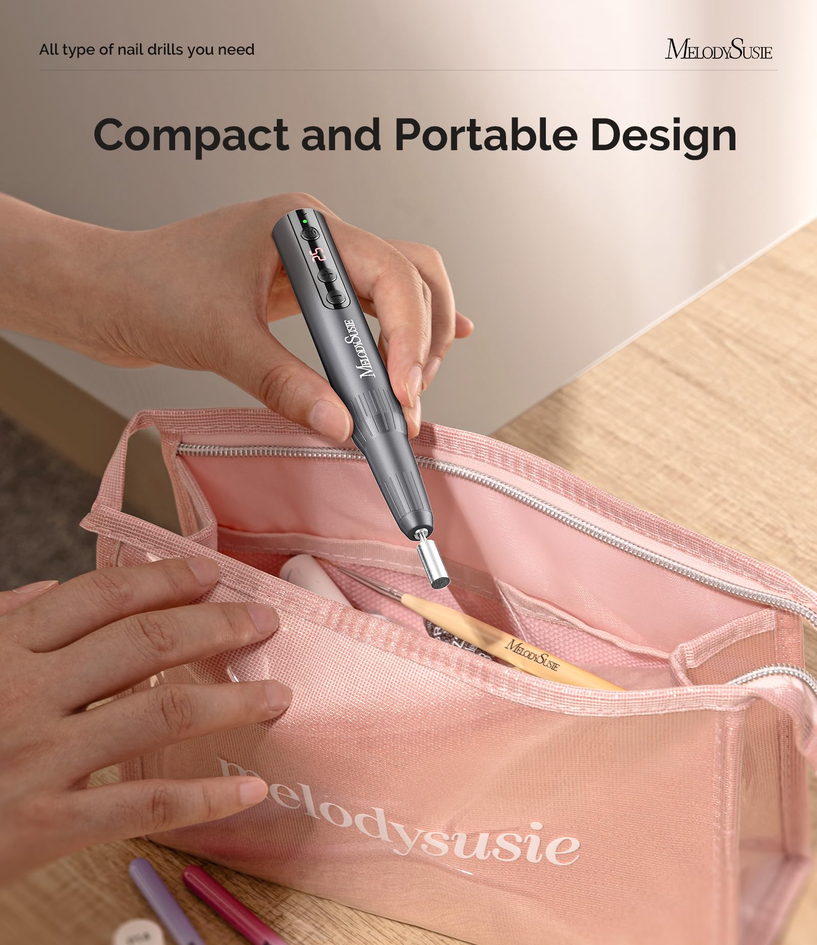 MelodySusie Professional Cordless Electric Nail Drill：PC180E Rechargeable Portable 25000RPM Nail Efile for Acrylic Gel Dip Powder Nails, 25 Speeds with Nail Drill Bits Sanding Bands Gray - Image 6
