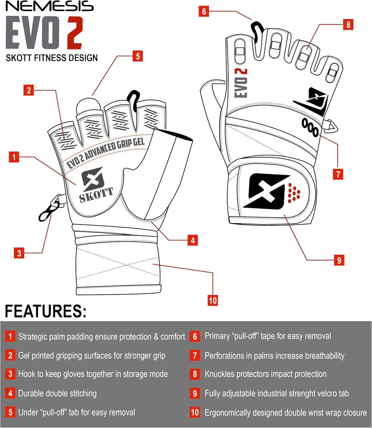 skott Evo 2 Weightlifting Gloves with Integrated Wrist Wrap Support-Double Stitching for Extra Durability-Get Ripped with The Best Body Building Fitness and Exercise Accessories : Sports & Outdoors