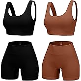 YWBIN 4 Piece Workout Sets for Women Seamless Ribbed High Waist Yoga shorts with Sports Bra Outfits