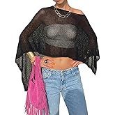 Womens Sheer Poncho Top Y2k Knitted Summer Asymmetrical Mesh Shawl Pullover Sweater Cover Up Tops