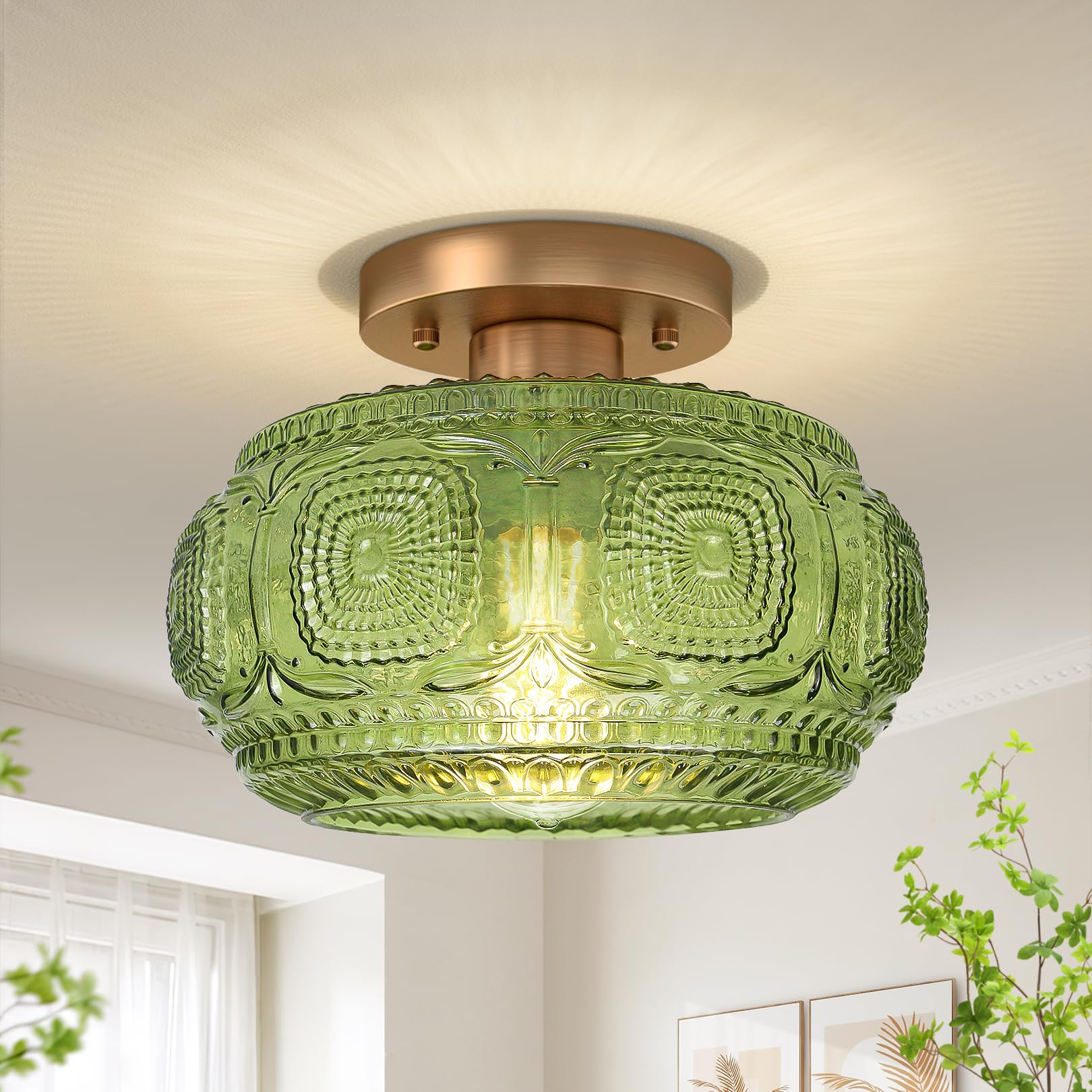 OYKYOHEI Semi Flush Mount Ceiling Light, Green Globe Glass Ceiling Light Fixture, Art Deco Kitchen Lighting fixtures Ceiling for Hallway Porch Corridor Bedroom, Bulb Not Included Image