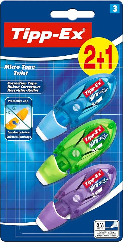 Tipp-Ex Korrekturroller Micro Tape Twist mit Schutzkappe, in 3 Farben (nicht wählbar), 8m x 5 mm, 3er Pack, Ideal für die Schule