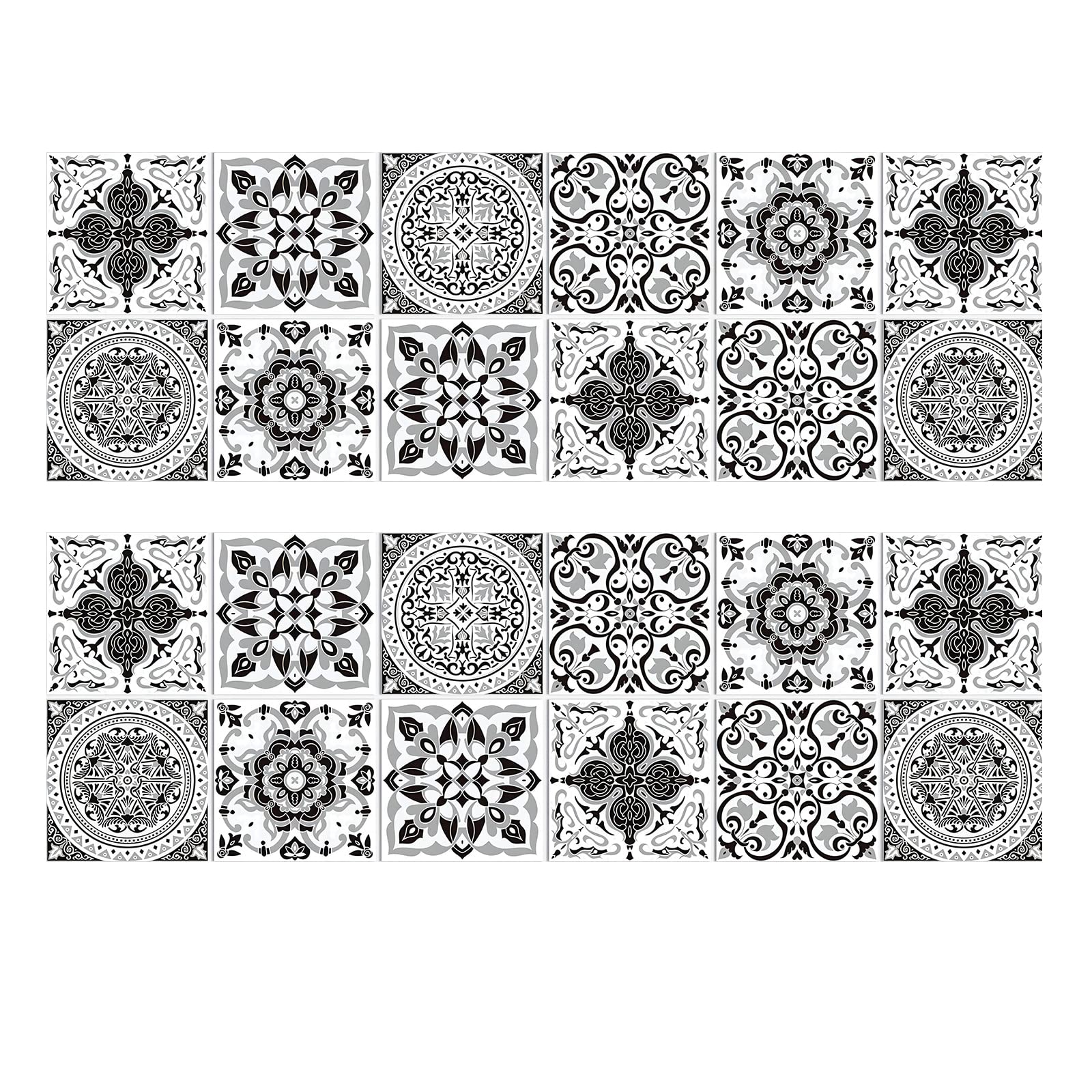 Bailinks 24 Pcs 4'' Grey Wall Tile Stickers Victorian Moroccan Mosaic Style Tile Stickers furniture transfers, Stick on Tiles Peel and Stick, Room Decor for Kitchen bathroom Stairs