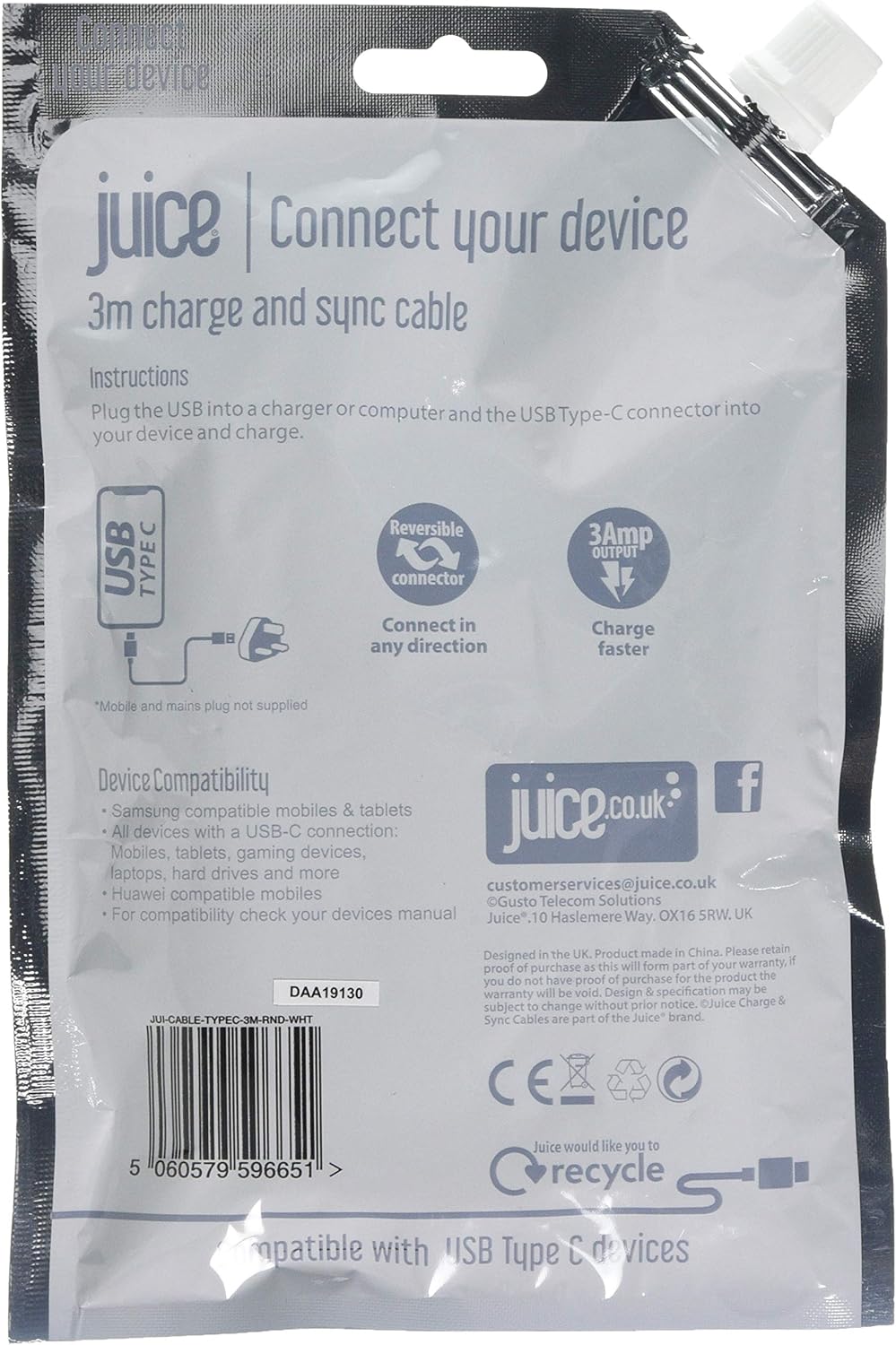 Juice USB Type C 3m Charger and Sync Cable for Samsung Galaxy S20, S10, S9, S8, S20 Plus, Huawei P30, P20, Sony - Image 3