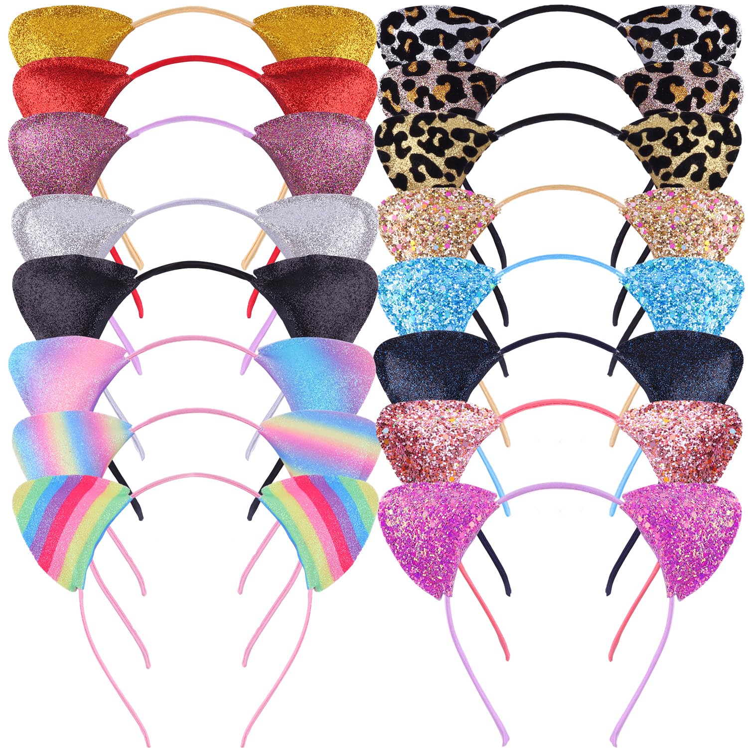 REQO 16 Pieces Cat Ears Headbands Set,Cute Glitter Cat Head Accessories, Flashing Girls Headdress Party Supplies For Night Clubs, Raves, Concert Party,Christmas,Halloween,Adults,Kids