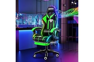 HOFFREE RGB Gaming Chair with Speakers Massage Computer Gaming Chair with LED Lights and Footrest High Back Video Game Chair for Adults Green and Black