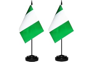BCLIN Nigeria Desk Flag Set, 2 Pack Nigerian Table Office Flags, Small Mini Desktop Flag With 12" Solid Black Pole, Black Base, Miniature Desktop Flag