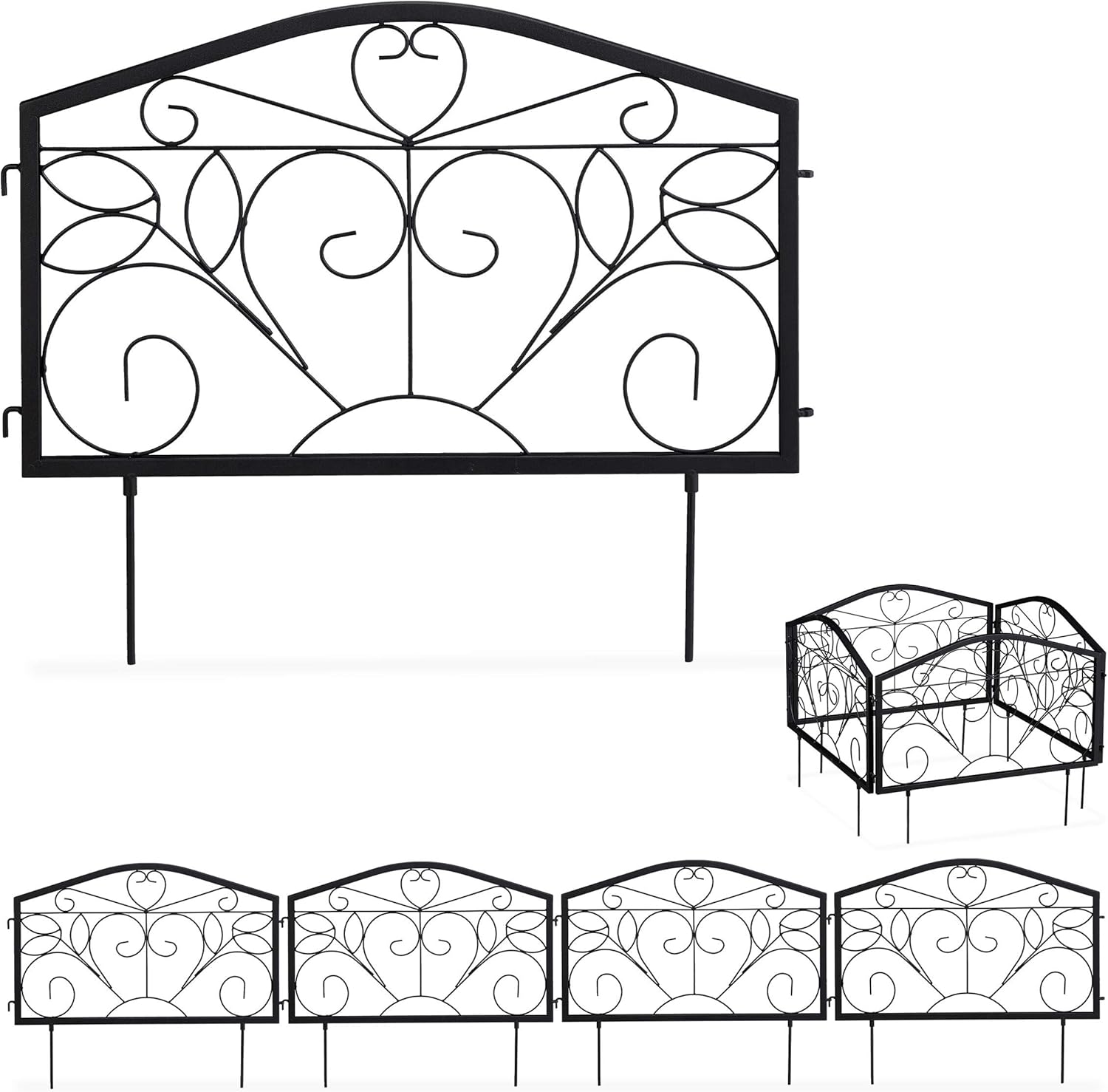Relaxdays Beetzaun, 4-teilige Beetumrandung für Garten, Steckzaun Eisen, antik, Ornamente, HxB: 33 x 225 cm, schwarz