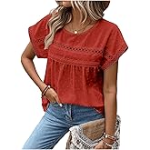 SweatyRocks Women's Crewneck Short Sleeve Blouses Casual Lace Crochet Loose Fit Blouse Shirts Going Out