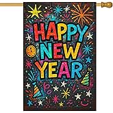 HOMETITUTE Happy New Year House Flag 28x40 Inch Double Sided Garden Flag Colorful Fireworks Party Hat Design for Winter Yard Banner Porch Outdoor Holiday Home Decoration Large Polyester Garden Flags