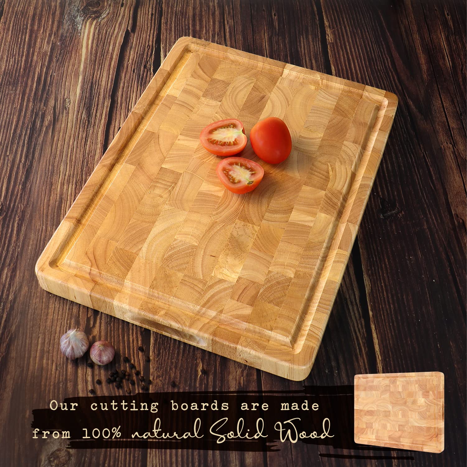 Wooden Butcher Block End Grain Cutting Board - 17x13x1.5in Reversible Multipurpose Chopping Board with Juice Groove, Cracker Holder & Inner Handles