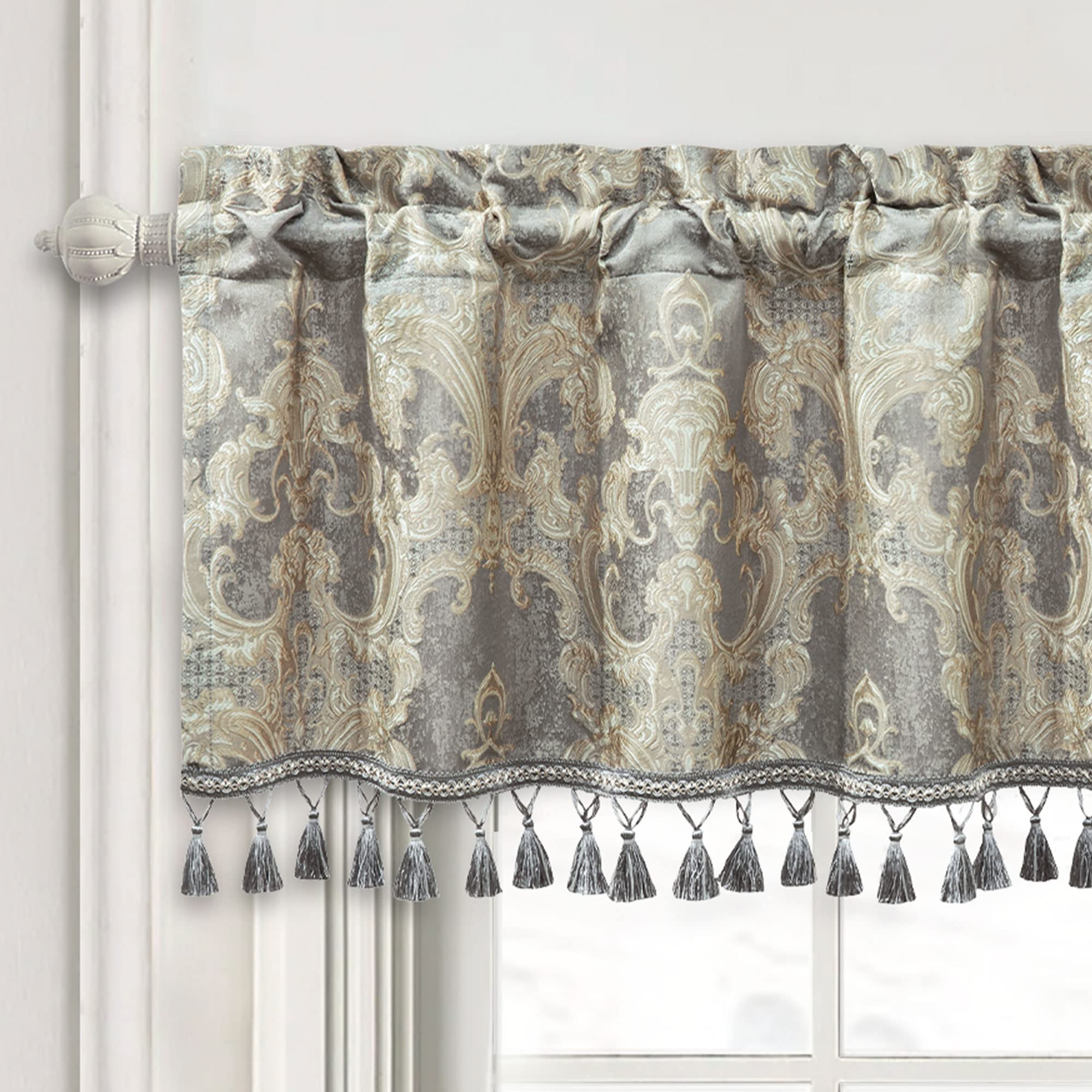 TOPLUXE Curtain Valance for Windows 137x46cm, Damask Valance with Tassels, Short Curtain for Bedroom Living Room Kitchen (Light Grey)