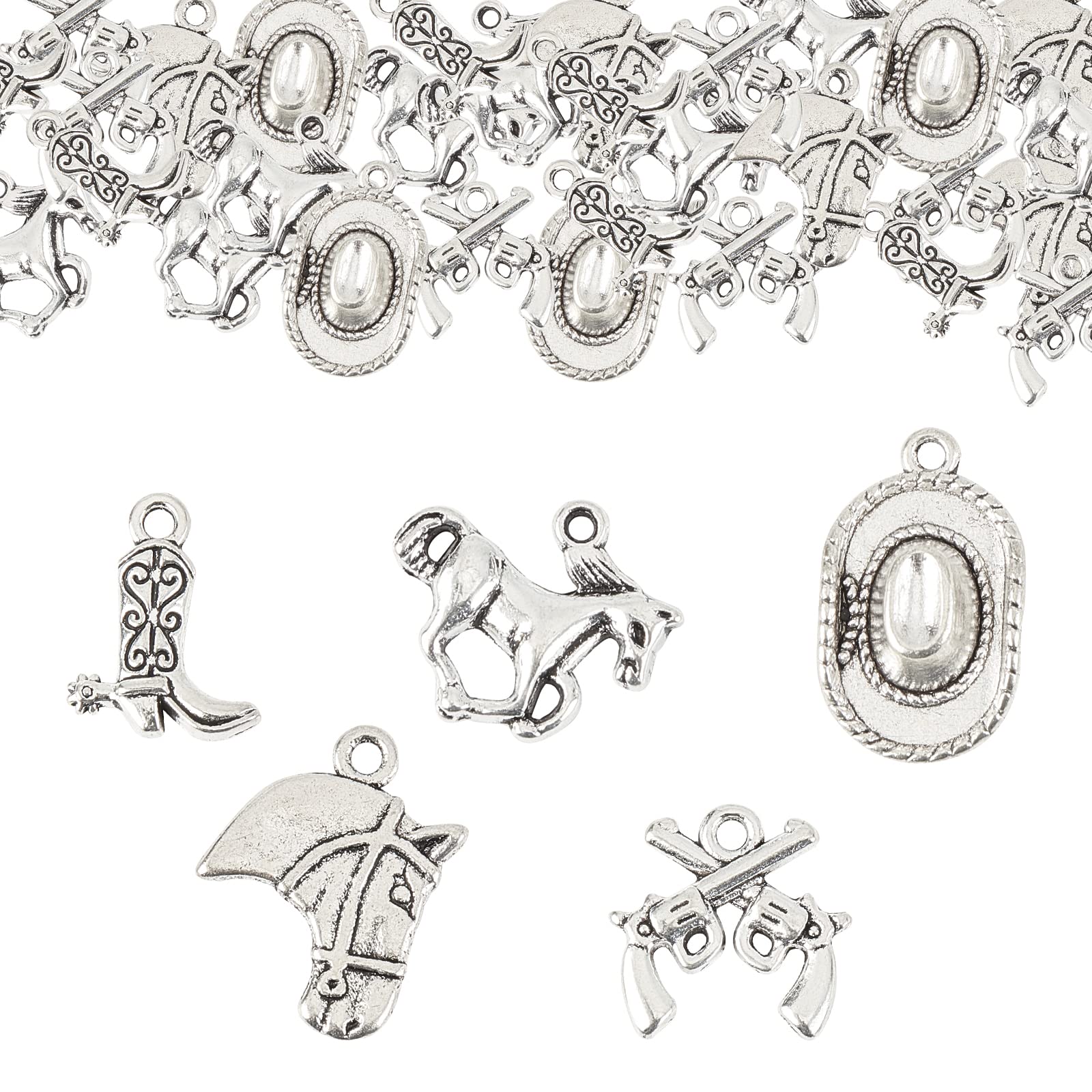 SUNNYCLUE 1 Box 50PCS 5Styles Western Cowboy Charms Pendants Alloy Antique Silver Horse Head Mix Shape Pendants Bulk for Jewelry Making Aharms DIY Findings Crafting Accessories Necklaces Bracelets
