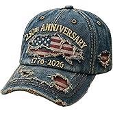 250th US Anniversary Distressed Denim Hat – 1776–2026 Embroidered Patriotic Baseball Cap, Adjustable Metal Buckle