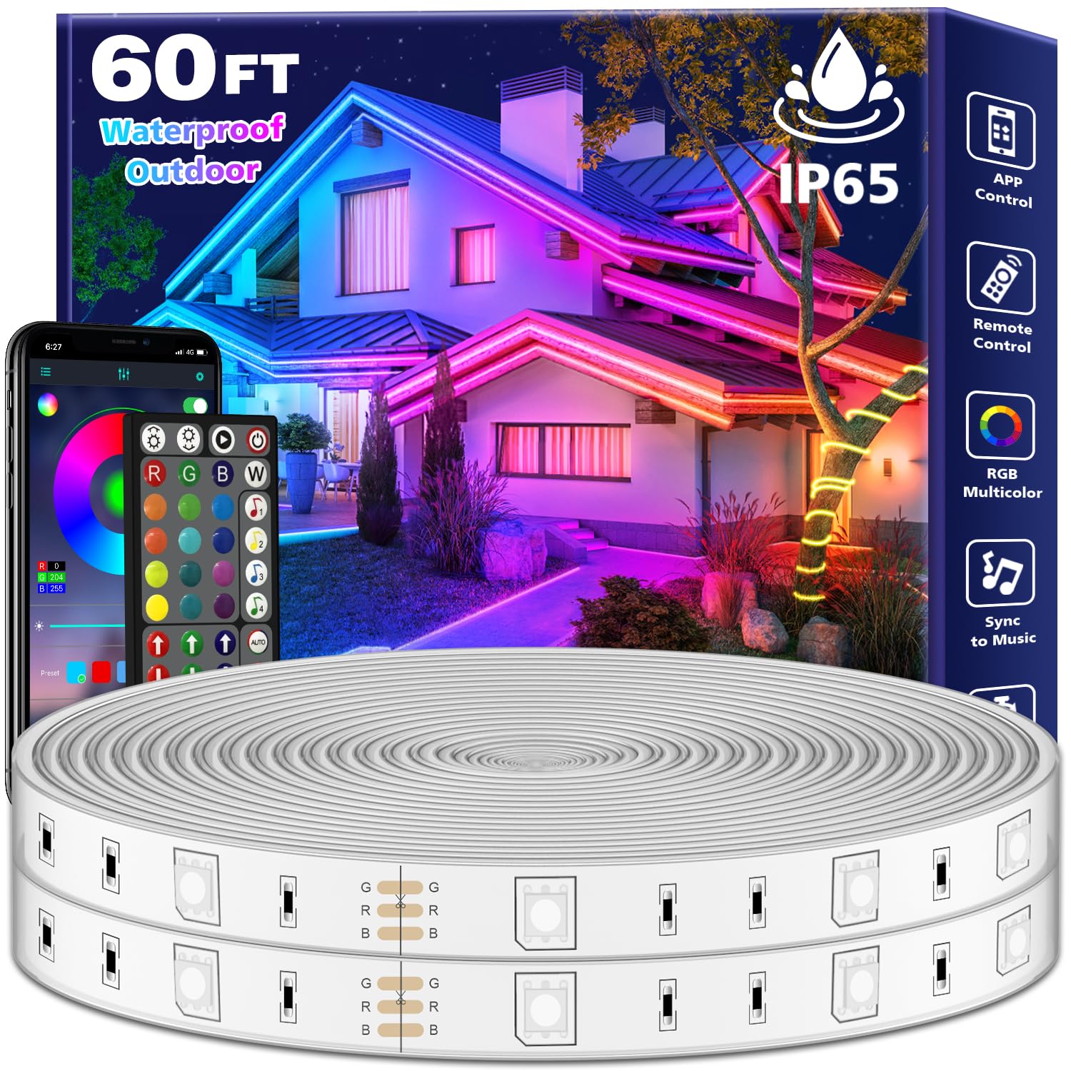 Photo 1 of FBZ 60Ft Outdoor Waterproof LED Strip Lights,Music Sync RGB IP65 Led Lights with App Control and Remote,Color Changing Waterproof Led Rope Lights for Outdoor,Balcony,Roof,Garden,Stairs Party (60FT)