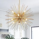 FookChak 24in Gold Sputnik Chandelier 9-Light Starburst Chandelier Light Fixture Solid Metal Mid-Century Modern Satellite Lig