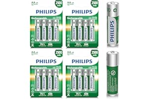 Philips Rechargeable AA Batteries 16 Pack 2500mAh NiMH Double A Battery 1.2V Long Lasting 2A Batteries Recharge up to 500x （F