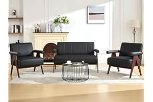STHOUYN Black Leather Loveseat Sofa and Accent Chairs Set of 2, Mid-Century Modern Office Furniture Couch and Chair Set, Small Love Seat Couches with Wood Arm, 3 Pieces Living Room Furniture Sets (3)