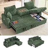 KCGKCG 81" Sectional Sleeper Sofa Bed with Storage Chaise &amp; USB Charging, Plush Corduroy L-Shaped Pull Out Couch Bed, Modular Sectional Sofa Couches for Living Room Bedroom, Green