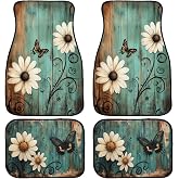 Nature Car Floor Mats Set of 4 Rustic Daisy Butterfly Wooden Automotive Foot Mats Rugs Carpet for Car Non-Slip Auto Car Accessories Universal Fit for Car SUV Truck Van